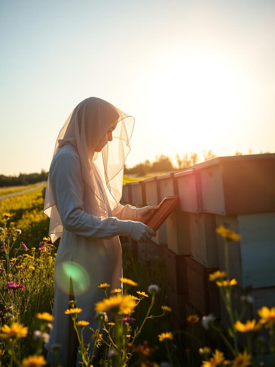 Beekeeper tending hives at golden hour