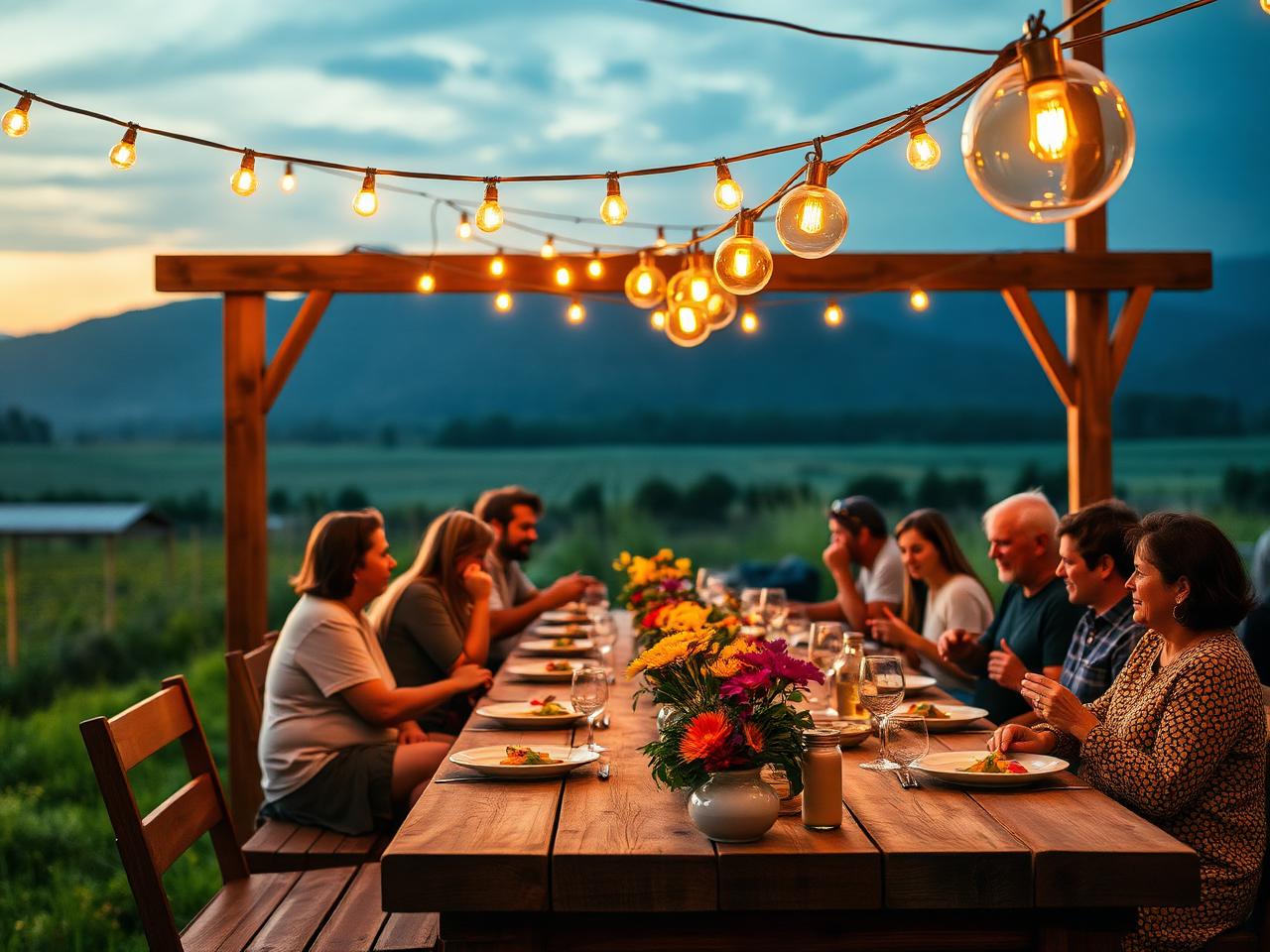 Outdoor community dinner under string lights