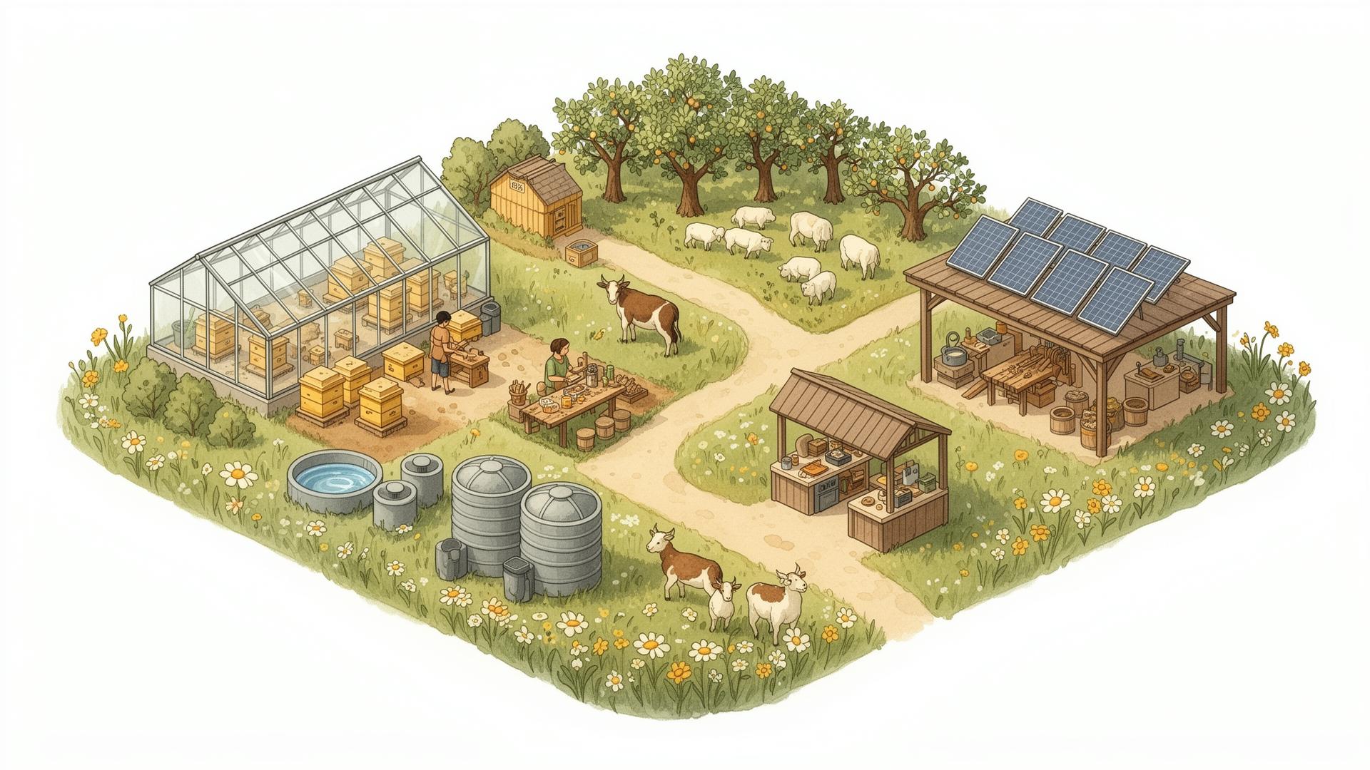 Illustrated regenerative village ecosystem
