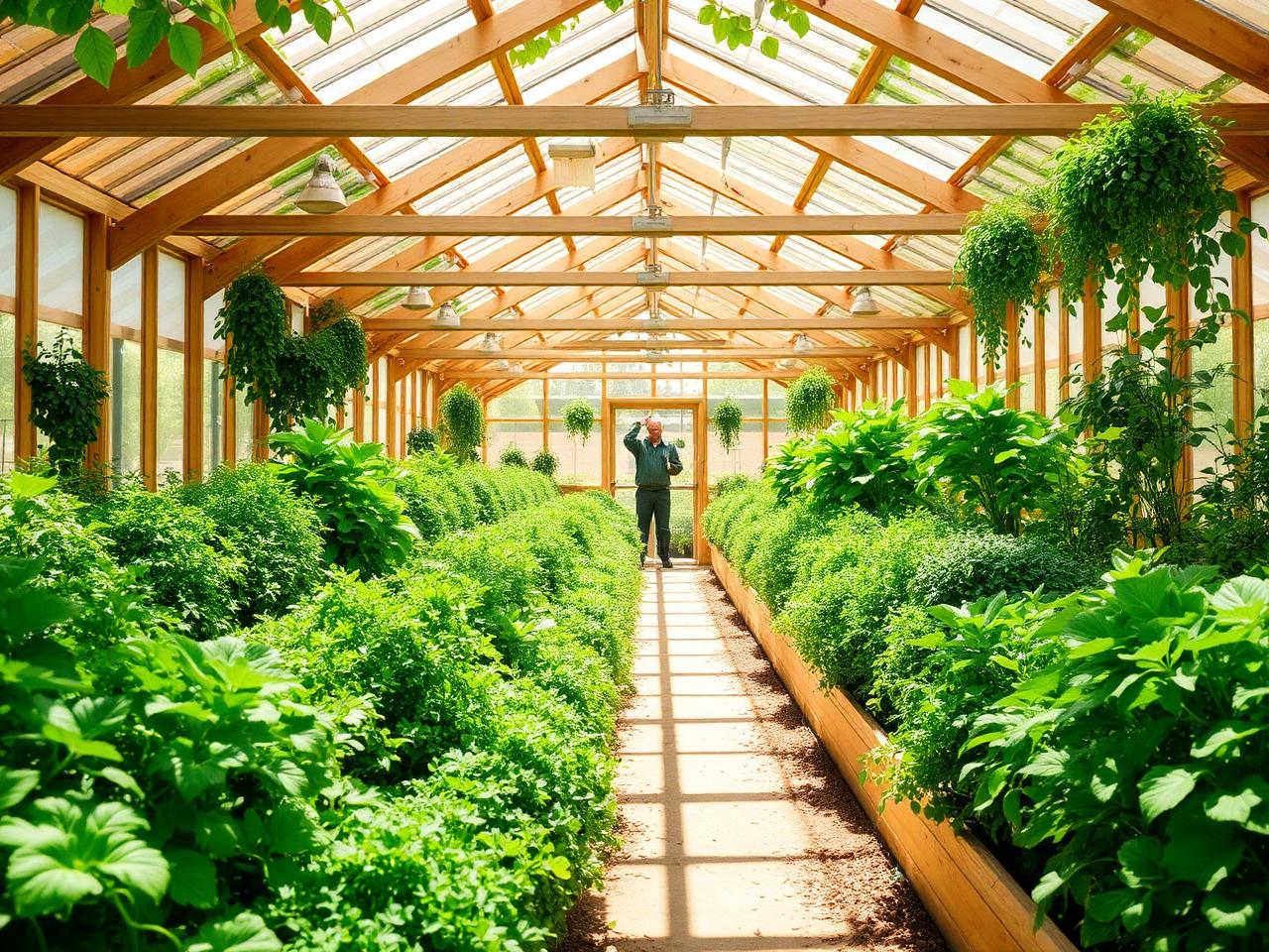 Sunlit greenhouse interior